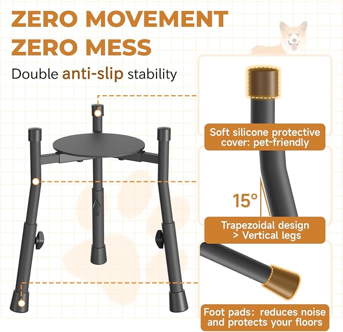 Elevated Dog Bowl Stand for Large Medium Breeds, Extra-Stable Food Feeder | Adjustable Size 4 Heights Width 6-10in, Anti-Tip Metal Raised Water Dish Holder, Non-Slip Tall Single Lifted Riser - Image 4