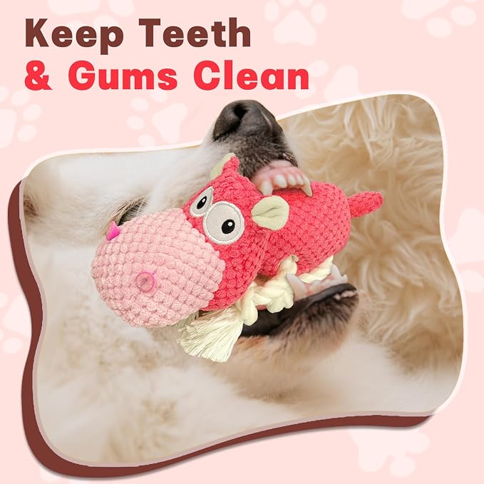 TOOPTATE Hippo Squeaky Dog Toy, Pink, Medium | Cute Plush Design, Rope Legs for Tugging, Helps Keep Dogs Busy, Suitable for Small, Medium, and Large Dogs - Image 4