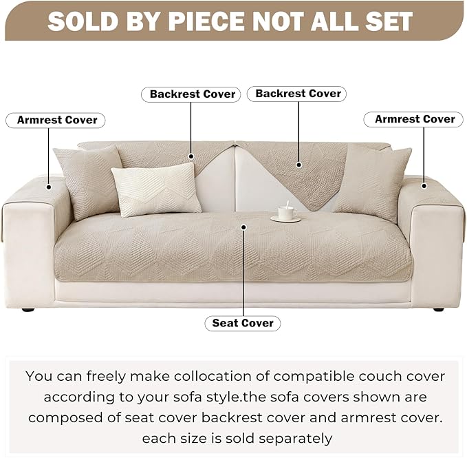 vctops Cotton Quilted Couch Covers for Sectional Sofa (Khaki,28"x47") | Geometric Washable Non Slip Sofa Slipcover for Dogs, Children, Pets Furniture Protector Cover - Image 2