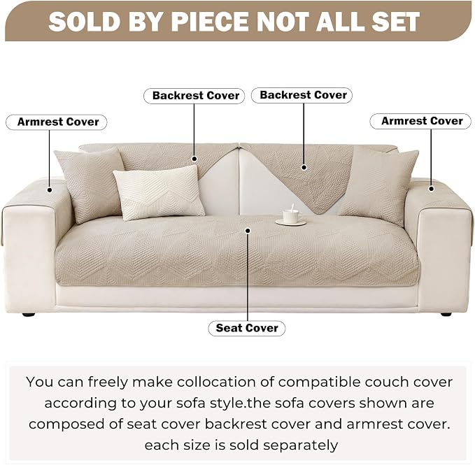 vctops Cotton Quilted Couch Covers for Sectional Sofa (Khaki,36"x36") | Geometric Washable Non Slip Sofa Slipcover for Dogs, Children, Pets Furniture Protector Cover - Image 2
