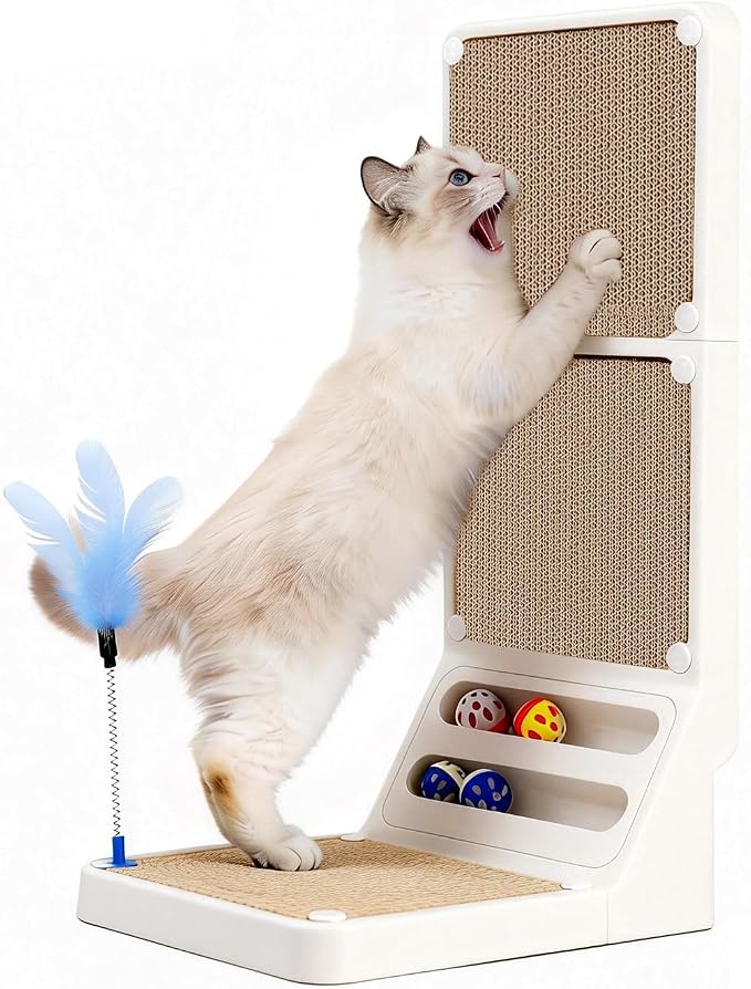 Cat Scratcher Cat Scratch Pad L Shape Wall Mounted Dual Use (Vert/Horiz) Kitten Bunifa Scratching Card Board Vertical Post with Ball Toys Feathers,Protecting Furniture Core is Replaceable Large White by Bunifa