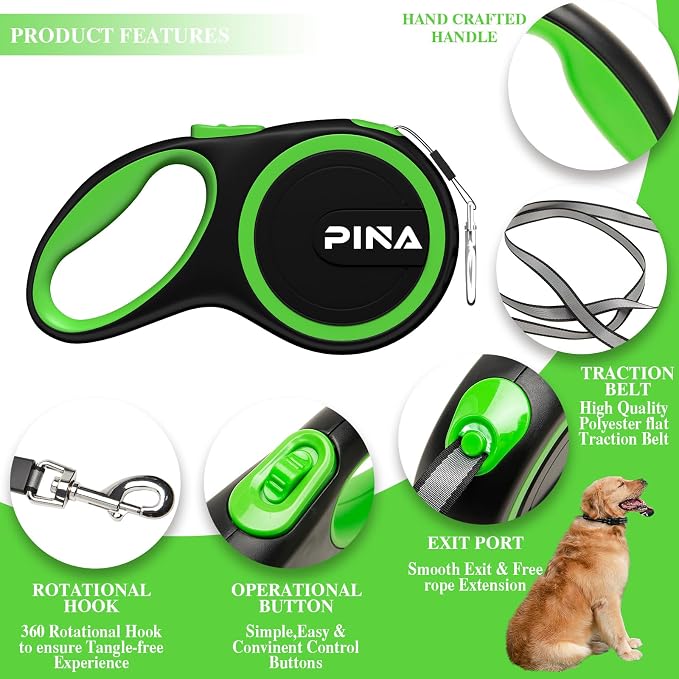 PINA Retractable Dog Leash, 10ft Dog Leash for Small Dogs Up to 33lbs, 360° Tangle-Free Strong Reflective Nylon Tape, with Anti-Slip Handle, One-Handed Brake, Lock - Black Green - Image 3