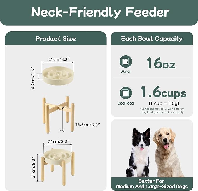 Havniva Elevated Slow Feeder Dog Bowls, Ceramic Dog Bowl Slow Feeder | 1.6 Cups Raised Slow Feeding Bowl for Medium Breed, Puzzle Dog Food Bowl with Wooden Stand, Non-Slip, Anti-Choking - Image 2