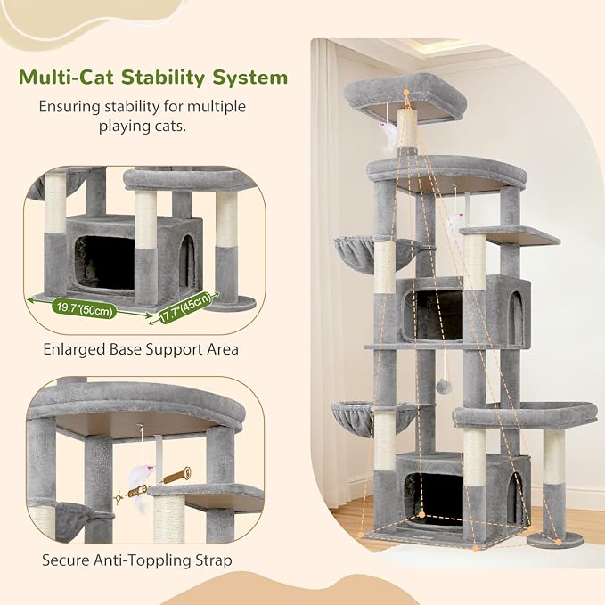 Globlazer 75in Sturdy Cat Tree Tower for Indoor Large Cat, S75, Light Grey | Multi-Level Heavy Duty Cat Tower with Scratching Post, Oversized Condos & Perches for Big Cats, Large Baskets, Enlarged Base - Image 6