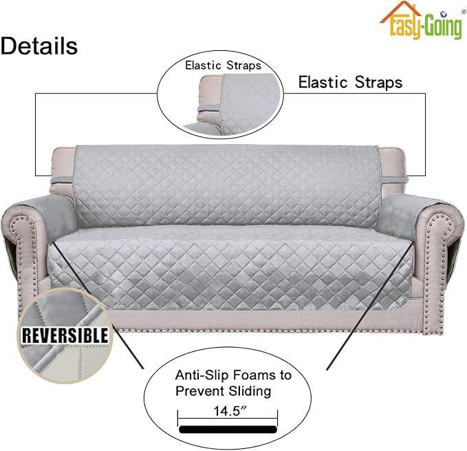 Easy-Going Reversible Oversized Couch Cover for 3 Cushion Couch Sofa Cover for Dogs Water Resistant Furniture Protector Cover with Foam Sticks for Pet (Oversized Sofa, Light Gray/Ivory) | X-Large Sofa, Washable Slipcover For Dogs, Water Resistant Mat, ... - Image 3