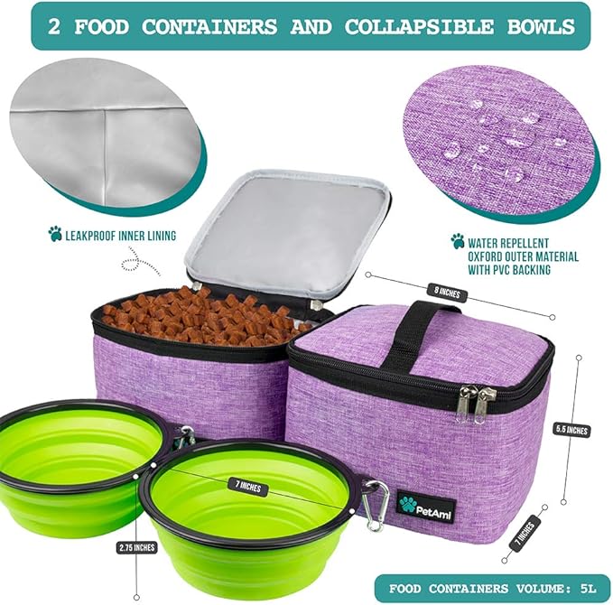 PetAmi Dog Travel Bag Organizer, Pet Supplies Tote Diaper Bag, Purple Large | Pet Travel Kit with 2 Food Containers & 2 Collapsible Dog Bowls, Luggage Sleeve, Weekend Getaway Road Trip Camping Essentials - Image 3