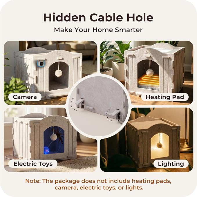 Cat Bed Cave for Indoor Cats: New Felt Cat Bed with Fluffy Ball, Foldable Cat House with Scratch-Resistant Board, Hideaway Cat Cave for Timid Cats, Sturdy Two-Tier Cat Condo & Cat Houses - Image 6