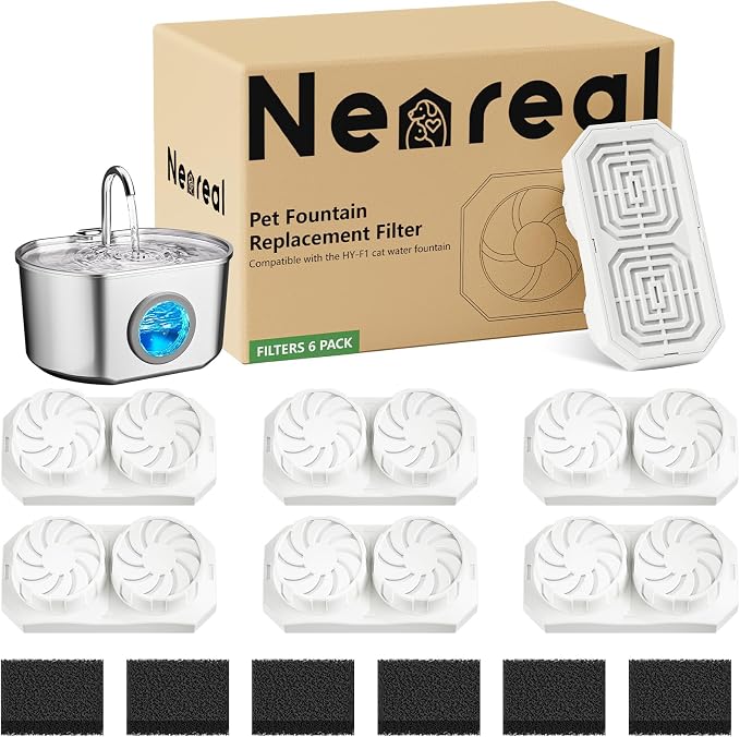 Neareal Cat Water Fountain Replacement Filters and Pre-Filter Sponges | Includes 6 Filters and 6 Sponges for 74oz/2.2L Stainless Steel Pet Fountain by Neareal