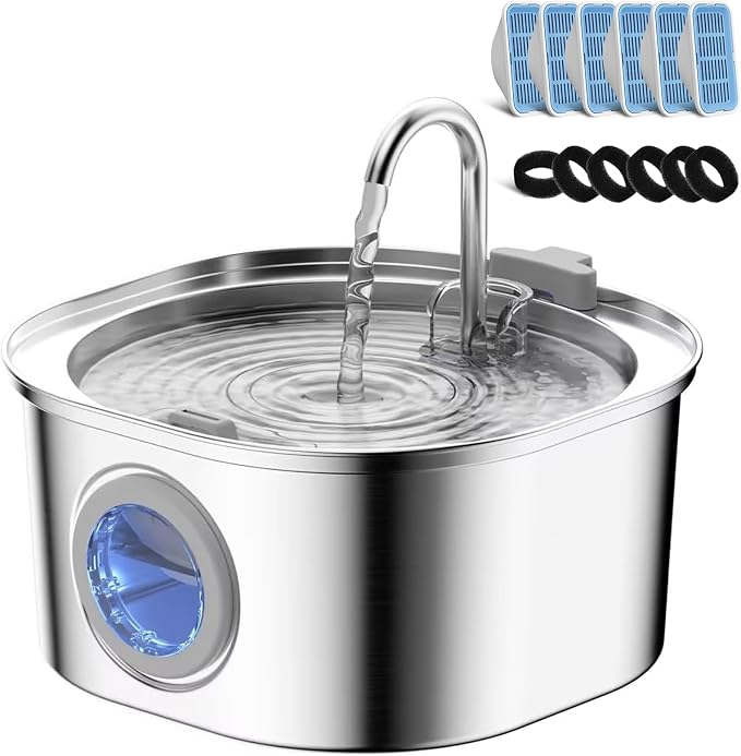 PEKTACO Stainless Steel Cat Water Fountain, 3.2L/108oz with 6 Filters | Cat water dispenser, dishwasher safe, with triple filtration, quiet pump, and visible water window for cats and small pets by PEKTACO