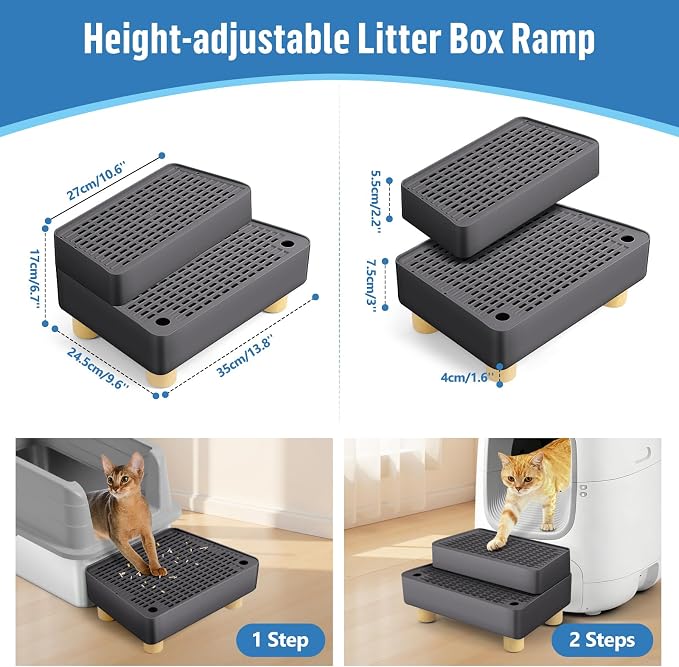 Extra Large 2 Steps Cat Litter Box Step Ramp, Cat Litter Catcher Mat with Wooden Feet, Filter Function, Cat's Pedal Stool for Self-Cleaning Litter, Suitable Kitten & Elderly Cats (Dark Grey) - Image 2
