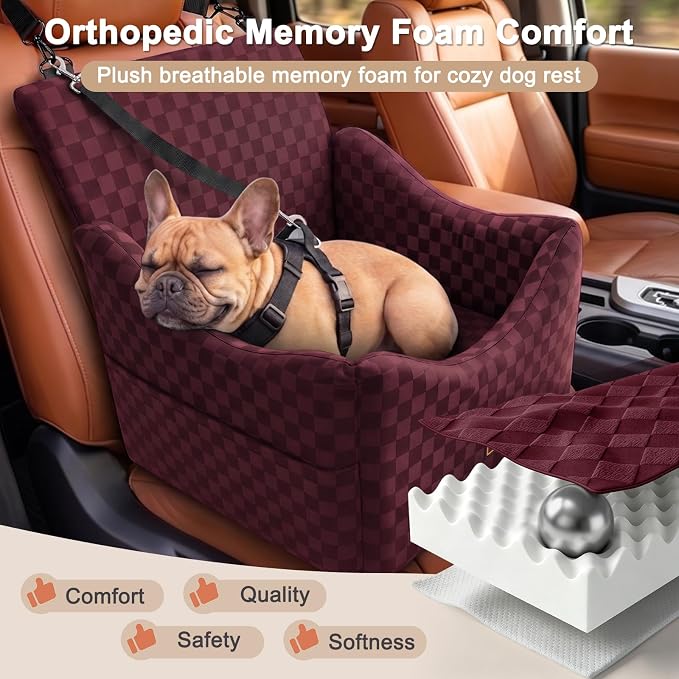JOEJOY Elevated Dog Car Seat for Small/Medium Dogs up to 36 lbs, Memory Foam Booster Seat with Detachable Washable Cover, Travel-Safe Car Bed with Safety Belts & Storage Pockets, Red - Image 3