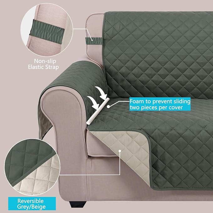 U-NICE HOME Reversible 23''Recliner Small Chair Cover, Grey/Beige | Recliner Cover for dogs Washable, Pet Friendly, Elastic Straps, Water Repellent, Diamond Quilted - Image 3