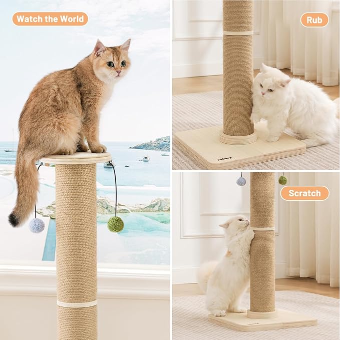 ZOMISIA 35'' Tall Cat Scratching Post for Indoor Cats Adults | 4.7'' Large Scratch Post, Thicken Wooden Base, Sisal Scratcher Top & Dangling Balls, Super Sturdy - Image 7