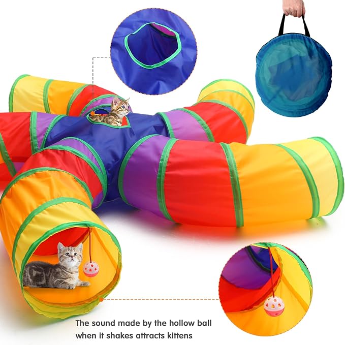 Poen 21 Pcs Cat Tunnel for Indoor Set Collapsible 5 Way Tubes with 20 Pcs Cat Kitten Toys Interactive Feather Toy Mouse Crinkle Balls Tube for Puppy Kitten Rabbit(Colorful) - Image 6