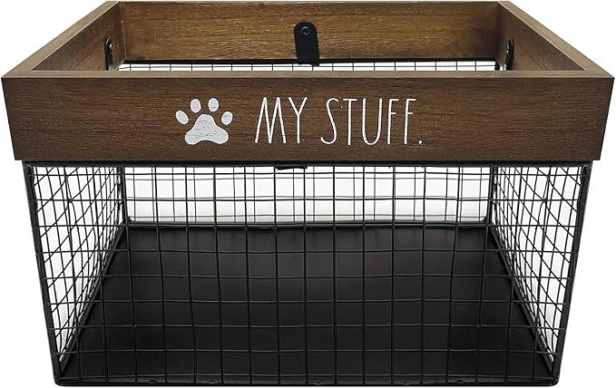 Rae Dunn Pet Toy Basket - Metal & Wood Dog & Cat Toy Storage Bin - Organizer for Leash, Blanket, Treats, Food & Accessories - Container Baskets, 9.75" x 8" x 6" by RaeDunn