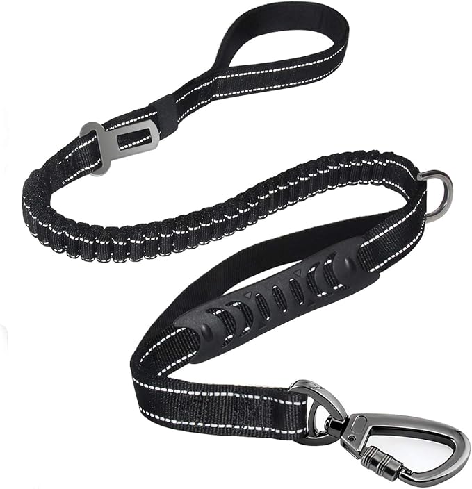 Heavy Duty Bungee Dog Leash with Locking Carabiner for Large Dogs | No Pull Bungee Shock Absorbing, 2 Padded Handles for control, Fits 60-150 lbs Dogs, Seatbelt Buckle, Reflective by Fashion%26cool