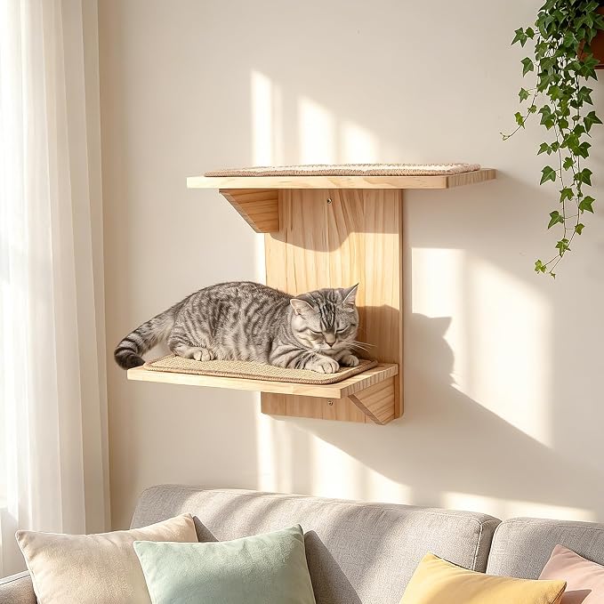 Cat Wall Shelves, 2 Platform Cats Walls Furniture, Tree Shape Kitten Floating Shelf with Sisal Mat Perch, Solid Pine Wood, Suitable for Climb, Play, Nap - Image 7