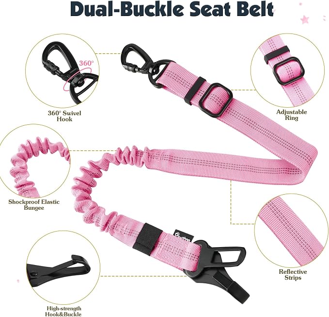 Pawaboo Dog Seat Belt Harness for Car, Seatbelt Harness with 2 in 1 Buckle | Adjustable Breathable Harness for Car, Elastic Reflective Heavy Duty Dog Tether, for Small Medium Large Pets, M, Pink - Image 3