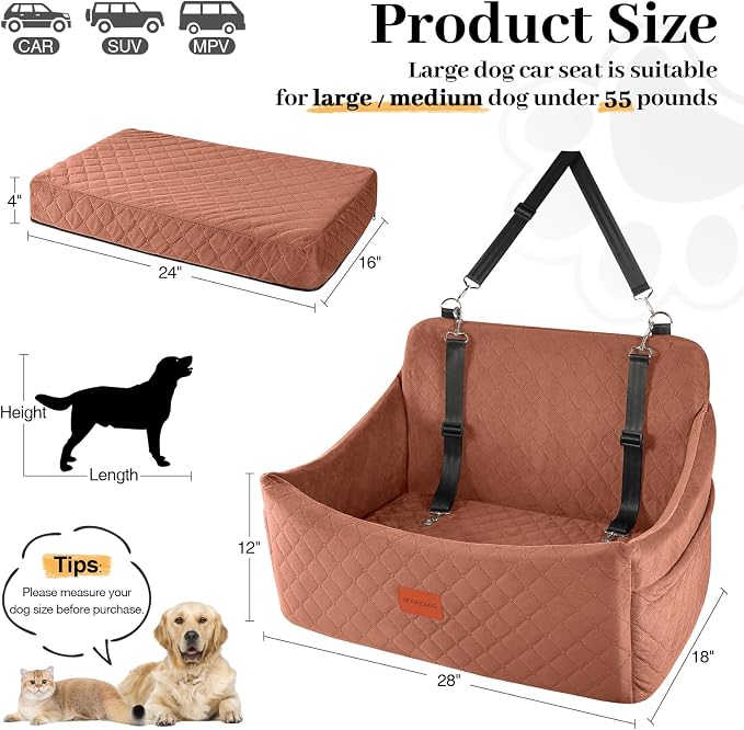 Wooaidagg Dog Car Seat for Medium & Large Dogs Up to 55lbs, Memory Foam Cushion, Washable Cover, Safety Straps & Non-Slip Base (Brown, Large) - Image 3