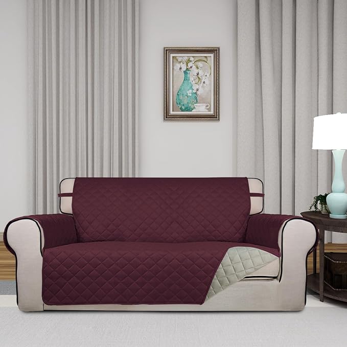 PureFit Reversible Quilted Couch Covers for Dogs Loveseat Sofa Cover 54" | Wine/Beige, Water Resistant Couch Protector, Washable Pet Couch Cover with Non Slip and Elastic Straps For Kids - Image 2