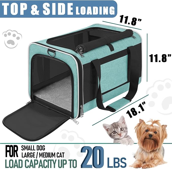 GAPZER Large Cat Carrier Soft, Collapsible Travel Pet Carry Bag, Small Dogs | Big Kitten Cat 20lbs Mainecoon, Top Open Travel Shih-Tzu Pet Kennel, Yorkie Small Dog 10 Pounds, 18x12x12, Durable Cloth Teal - Image 3