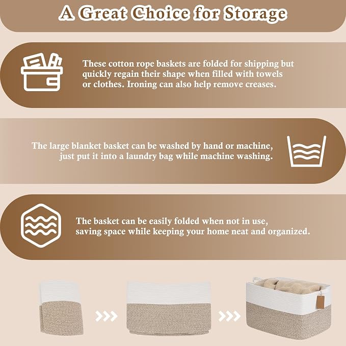 Goodpick 75L Extra Large Woven Rope Blanket Basket, Rectangle, Brown | 22" × 17" × 12" Decorative Storage Basket for Pillows & Clothes, Fits Living Room & Nursery Organization, Handles - Image 7
