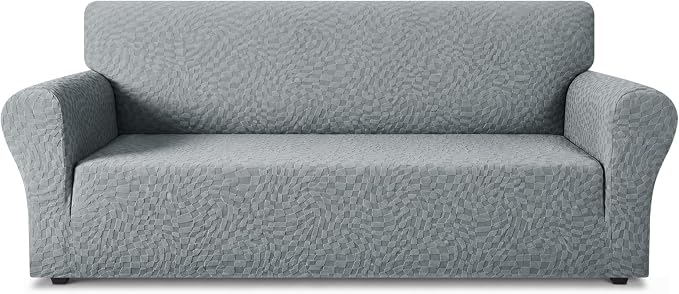 ZNSAYOTX 1 Piece Stretch Sofa Covers for 3 Cushion Couch (72"-90"), New Plaid Couch Cover with Non-Slip Buckle for Dog Pets, Ultimate Soft Cozy Washable Sofa Slipcover Form Fit Protector, Light Grey by ZNSAYOTX