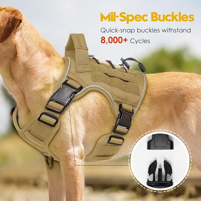 Heavy-Duty Tactical Dog Harness for Large Dogs, No Pull Adjustable Reflective Pet Vest with Molle System, K9 Military-Grade Control for Service Training, Outdoor & 10+ Breeds, Khaki, Medium - Image 3