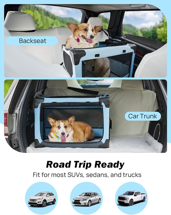 JOYTUTUS Collapsible Dog Crate, 26 Inch Portable Pet Crate for Car, Travel Dog Kennel Foldable Dog Crate for Medium Dog 44lbs, Soft Cat Carrier Fit for Indoor & Outdoor/Car Back Seat/Trunk (Blue) - Image 5