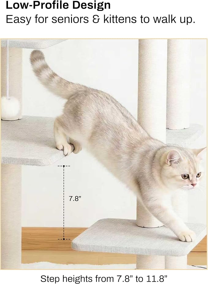 Cat Tree Tower Wooden 37.4''(95 cm), Large Cat Tree with Jump Platform & Play Ball for Indoor Cats, Ideal Cat's Climbing Frame & Playhouse (Linen Fabric Light Grey) - Image 7