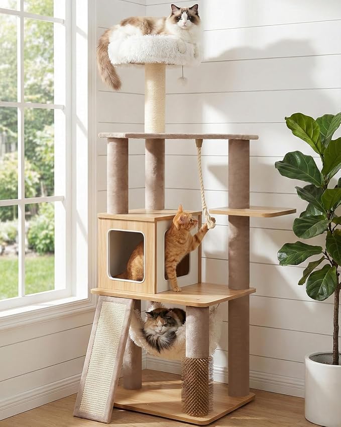 61" Wood Cat Tree Tower, Modern Cat Furniture for Indoor Cats | Engineered Wood & Plush | 61"Modern Cat Tower | 20 lbs Per Platform | Anti-Tip Base | Sisal Posts | Washable Cushions by Purrlato