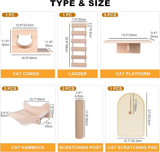 PETKABOO Cat Wall Shelves Cat Wall Furniture with Condo, Hammock, Scratching Pad, Platform and Ladder - Image 4
