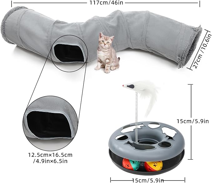 Pet Cat Tunnel Tube Cat Toys 2 Way Collapsible, Tunnels for Indoor Cats,S-Shaped Play Tube with Peephole and Hanging Ball,10.5" Maze Cats House for Puppies, Rabbits, Kitty, Kitten,Ferrets - Image 2