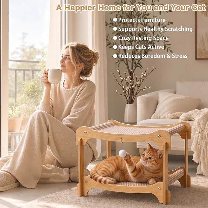 Two-Tier Sisal Cat Scratcher Bed, Solid Cats Scratching Post Hammock Lounge for Indoor Cats, Comfortable Cat Bed Natural Sisal Scratch Pad for Cats Scratcher Lounge, Sturdy Wooden Cat Furniture - Image 7