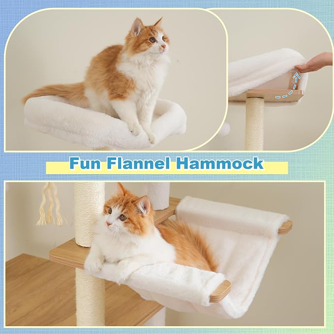 Hey-brother Wooden Cat Tree, Furniture Tower with Large Platforms, MPJ121BT | 69.7 inch, Modern Full Sisal Scratching Posts, Hammocks, Spacious Condo, Ladder, Brush, Water Proof Surface, White Oak - Image 5