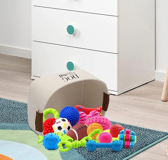 Geyecete Square Dog toy basket storage Cotton Rope Storage Basket Pet/Pet Toy And Accessory Storage Bin Doy Toy Box-Beige - Image 6