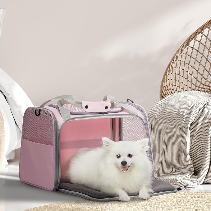 PETSFIT Cat Carrier for Large Cats, Dog Carriers for Small Dogs Under 25 Lbs, Soft Pet Carrier, Cat Crates for Indoor Cats with Cozy Extendable Mat (Large, Pink) - Image 6
