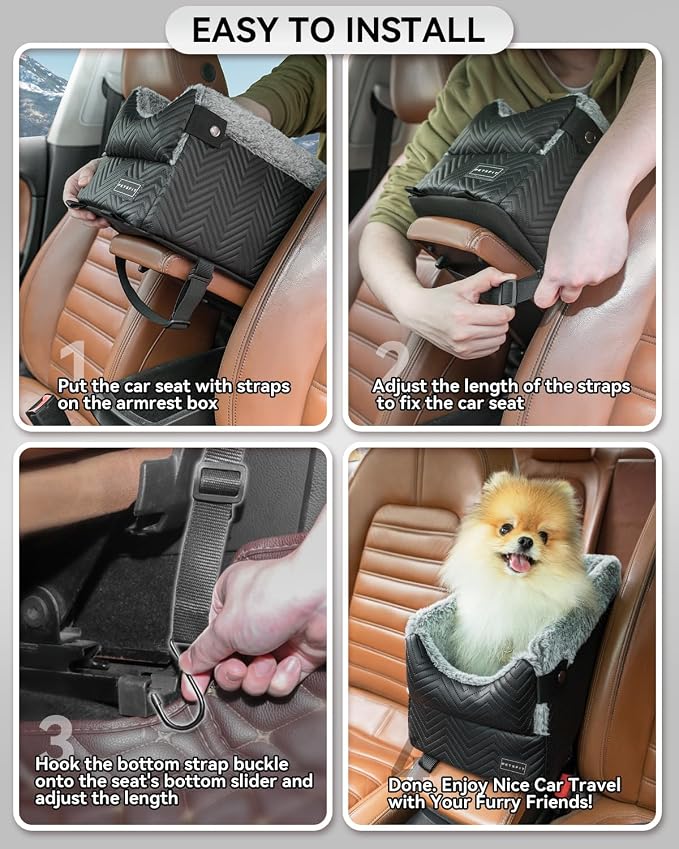 PETSFIT Dog Console Car Seat with Dual Adjustable Seat-Rail Anchor Hooks | Anti-Collapse Leather Armrest Booster Carseat with Safety Tether, Washable Cushion, Soft Pillow for Pets Under 8 lbs, Black - Image 6