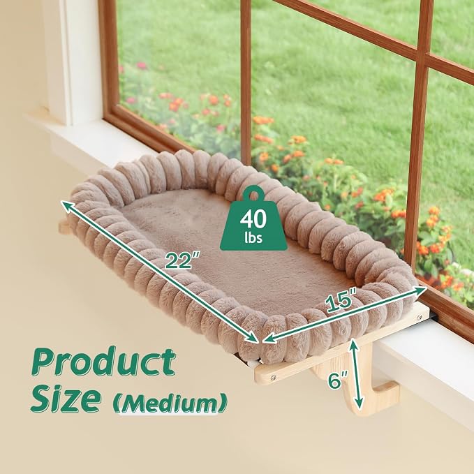 Zakkart SnugCloud Cat Window Perch with 4-Sided Bolster - Orthopedic Cat Hammock for Window Sill - Solid Hardwood & Metal Frame - Window Seat for Pets (Natural Color Wood w/Brown Bed, Medium) - Image 7