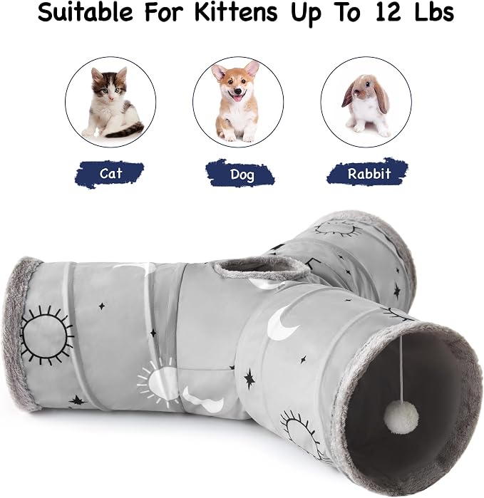Tempcore Cat Tunnel for Indoor Cats, 3 Way Collapsible Pet Play Tunnel with Teaser Wand, Peek Holes & Hanging Ball, Interactive Tube for Kittens & Rabbits, Grey Sun - Image 6