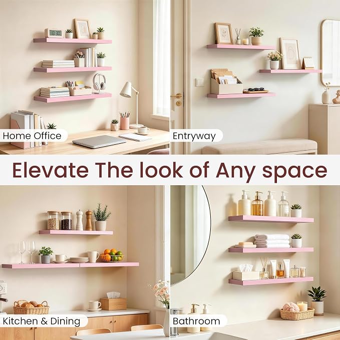BAYKA Pink Floating Shelves 22.5in, Set of 2, Wall Mounted for Wall Decor | Easy Install, 22lbs Max Load, Hidden Bracket, Hanging Shelf for Books Nursery Plants Perfume Storage, Multi-Wall Compatible - Image 6