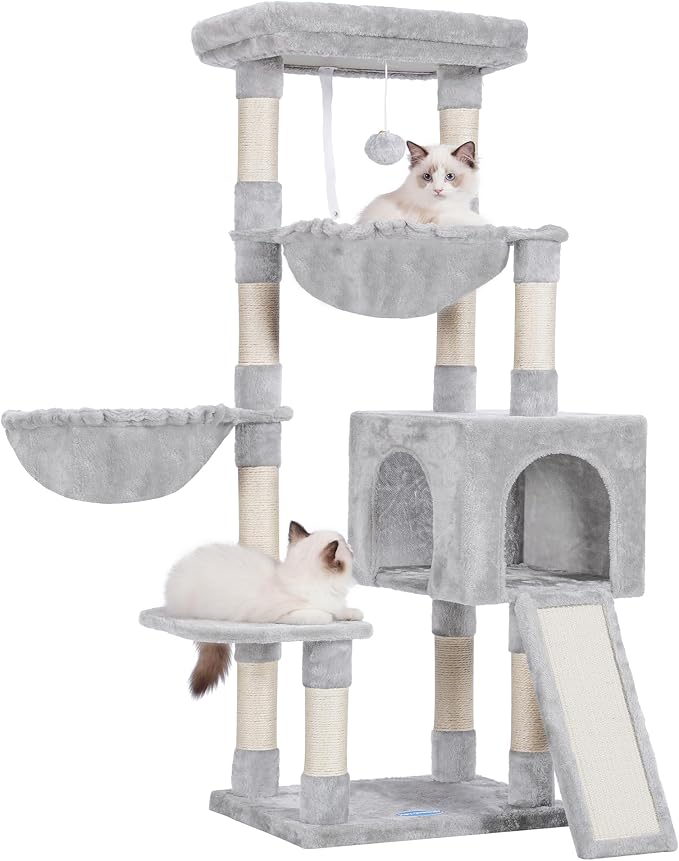 Hey-brother Large Cat Tree, Cat Tower for Indoor Cats, Cat House with Padded Bed, Cozy Condo, Hammocks, Sisal Scratching Posts, Big Scratcher, Light Gray MPJ006-MW by Hey-brother