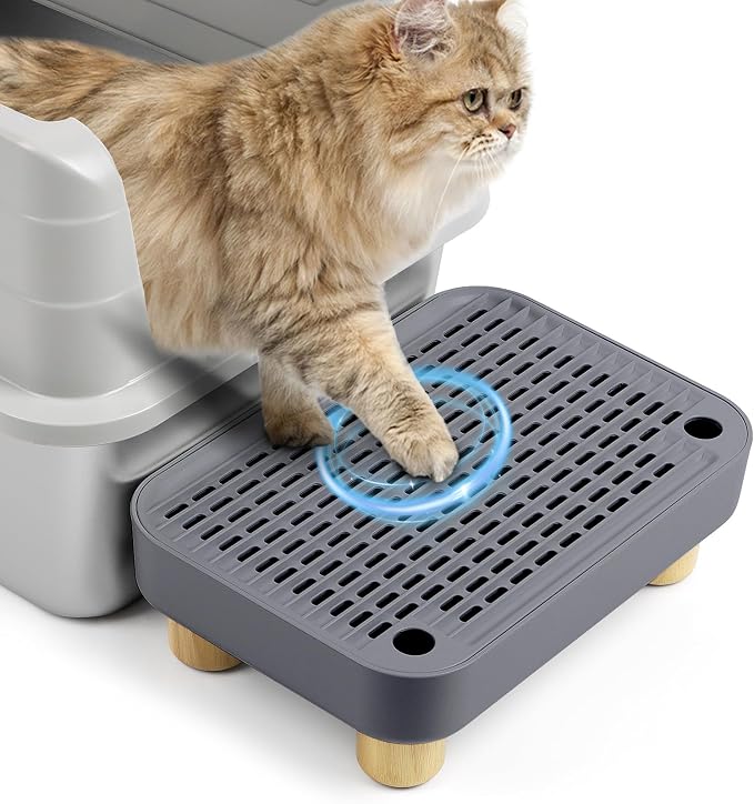 Litter Box Step, Cat Litter Ramp with Wooden Base, Dark Grey | Double Layer Litter Box Ramp for Kitten & Elderly Cats, Litter Catcher for Automatic Cat Litter Box, Easy to Clean by Bartuke