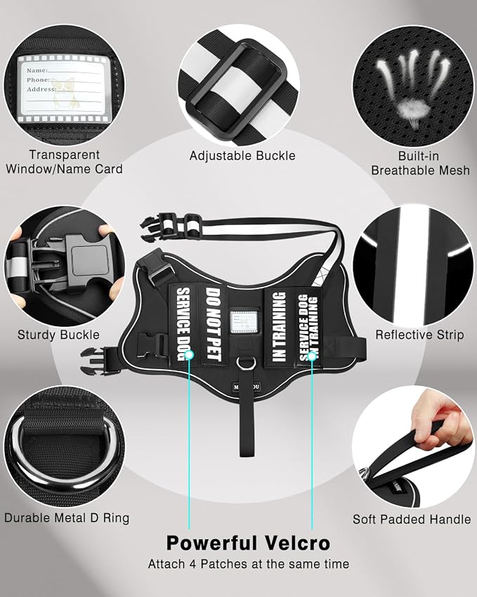 Service Dog Vest Harness and Leash Set+10 Patches for Puppy Small Dogs,Do Not Pet Emotional Support Dog Vest with 2 Soft Padded Handle for Everyday/Training (Black XS) | Adjustable Reflective Do Not Pet Emotional Support Dog Vest with 2 Soft Padded Han... - Image 4