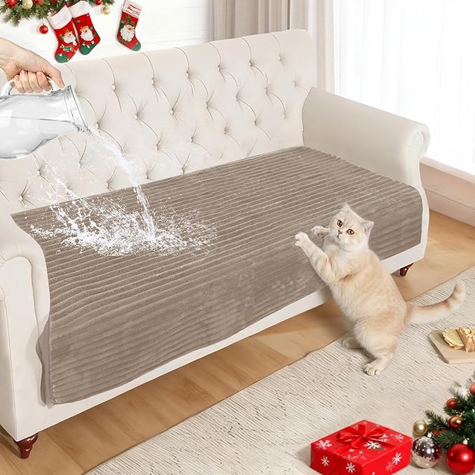 NAISI Couch Covers for Dogs Waterproof Flannel Striped Sofa Cover Pet Friendly Washable Dog Mat for Couch Anti Slip Sectional Sofa Slipcover Protector(1pc/35"x 94",Khaki) by NAISI