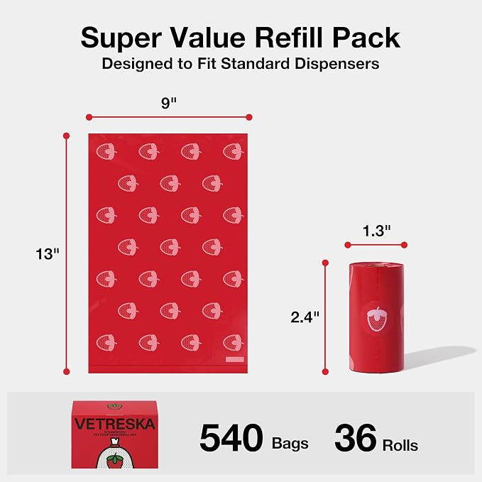 VETRESKA Strawberry Scented Dog Poop Bags, Leak Proof, 540 Counts | Extra Thick and Large Pet Waste Bags for Dogs Walking and Cat Litter, 36 Rolls - Image 6