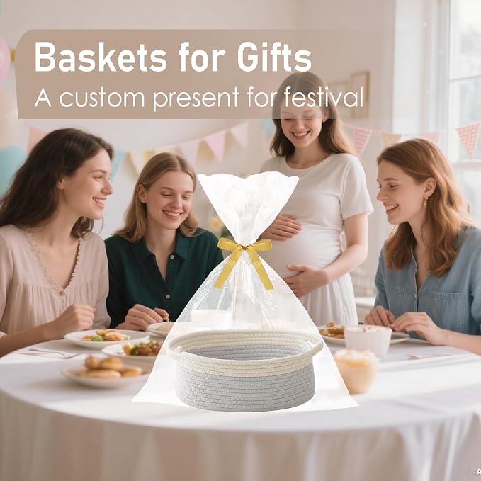 JMvicyroam Small Woven Basket, Empty Gift Basket, White&Grey/3 Pack | Small Gift Basket, Cotton Rope, 12 x 8 x 68 in, Handles, Includes Ribbon and Bag, Birthday Gift Basket - Image 4