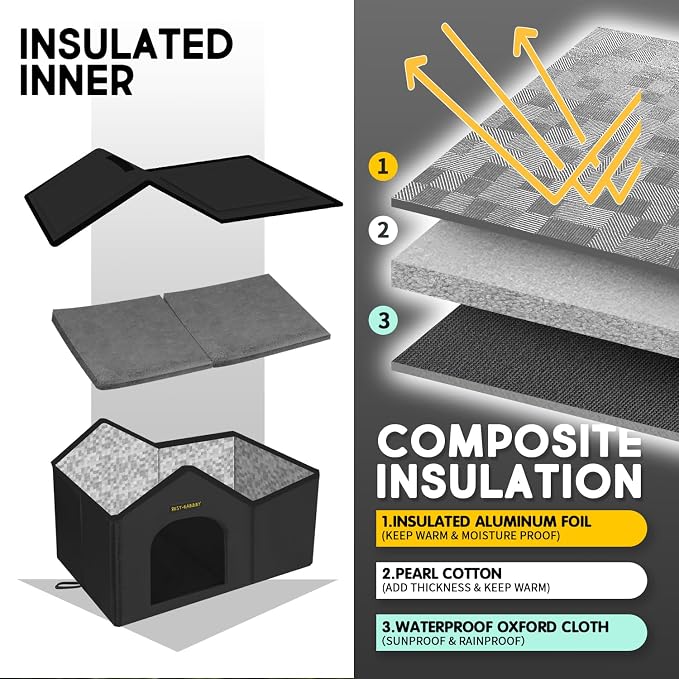 Outdoor Cat House for Feral Cats,Weatherproof & Insulated | Self-warming & waterproof insulated, with mat and canopy, sturdy support, easy assembly, winter shelter for feral cats, black - Image 4