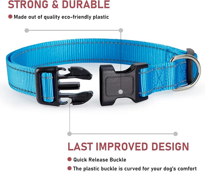 Reflective Dog Collar with Buckle Adjustable Safety Nylon Collars for Small Medium Large Dogs, Blue L | Breathable, No Chafing on Walks and Outdoor Hikes, Metal D-Ring, Night Safety - Image 2