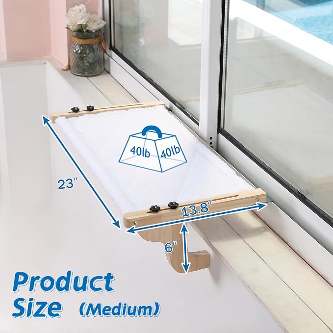 Zakkart Easy Seat Cat Perch for Window Sill - Hammock Design w/Pine Wood & Robust Metal Frame - Cat Window Seat for Large Cats and Kittens (Natural Color Wood w/White Bed, Medium (23''W x 14''D)) - Image 5